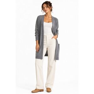 100% 2 Ply Cashmere Long Cardigan L Gray Open Front Pockets Quiet Luxury